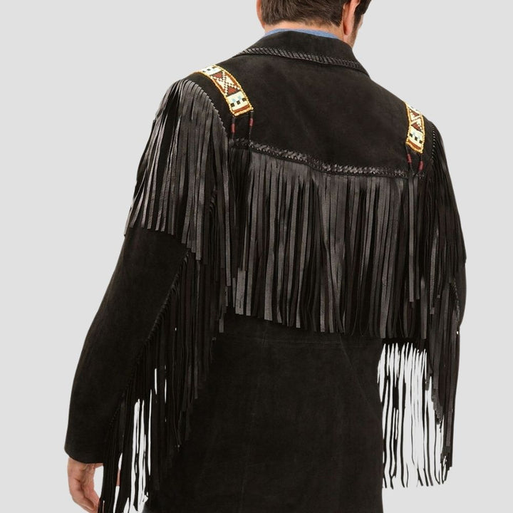 Versatile black leather jacket with stylish fringe detailing.