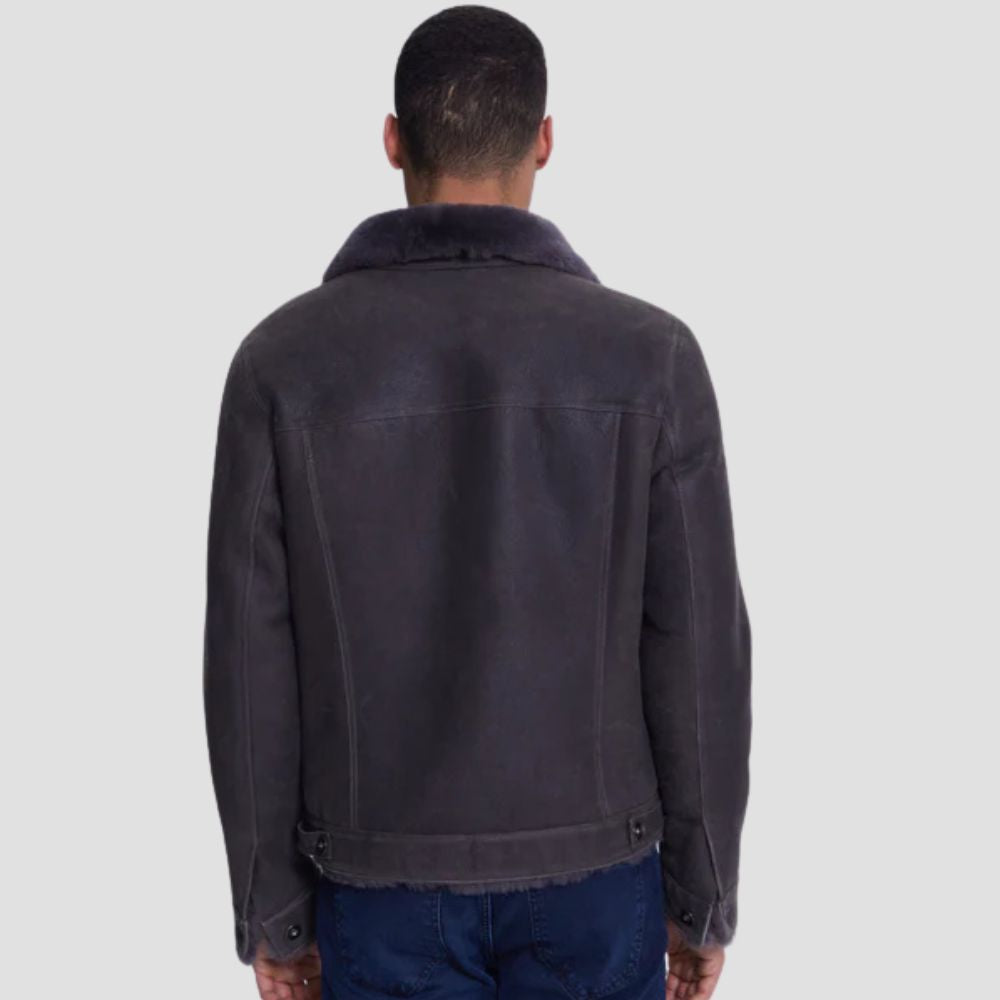Gray suede leather trucker jacket with cozy shearling fur interior.