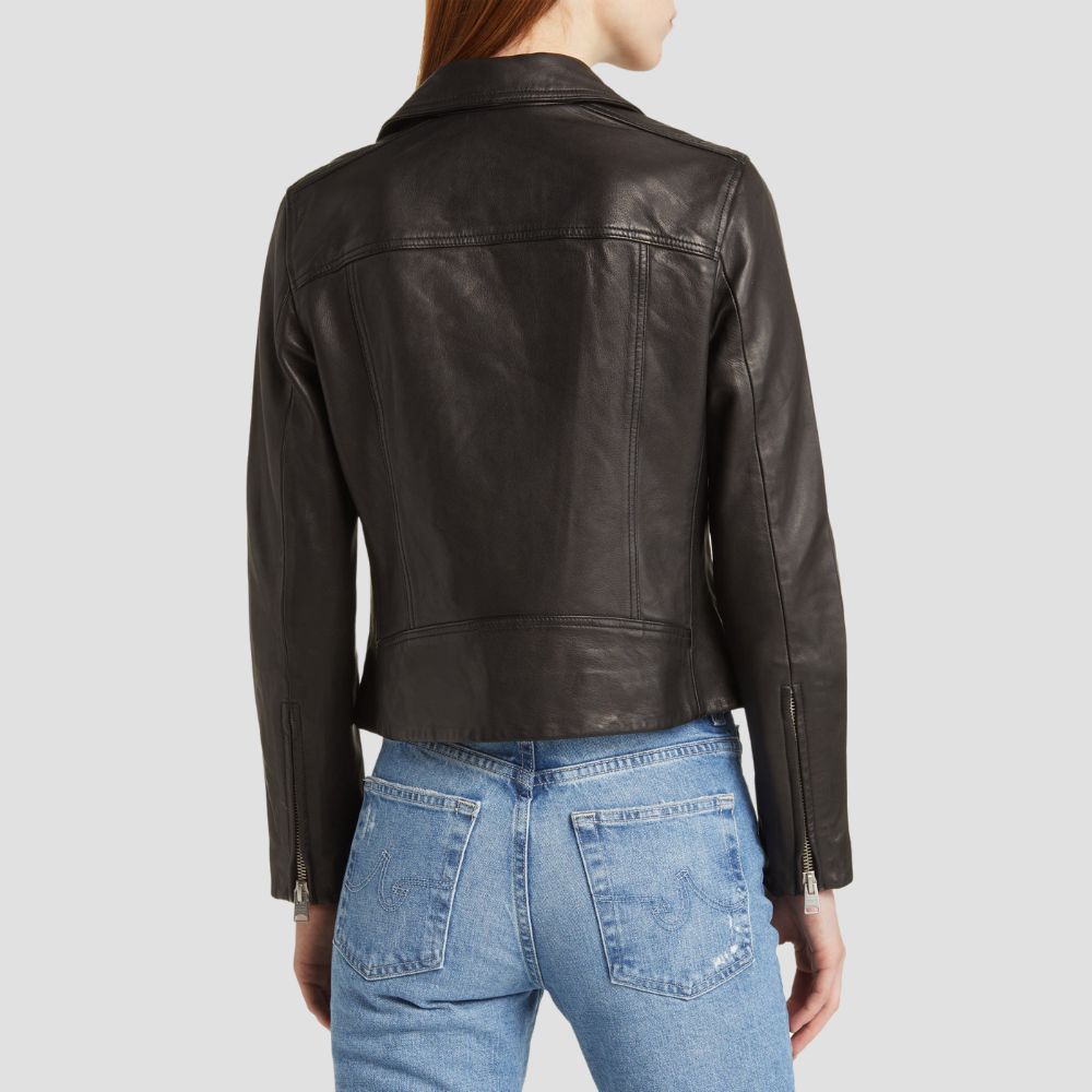 This stylish moto leather jacket for women is designed with edgy details that add a modern twist. Perfect for those who want to make a strong fashion statement.