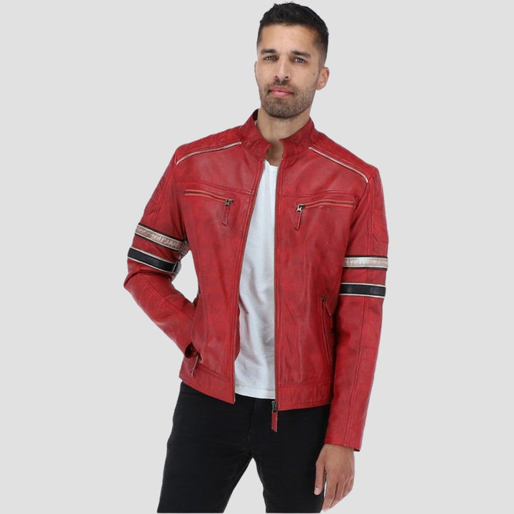 Trendy distressed red leather jacket for men with biker style