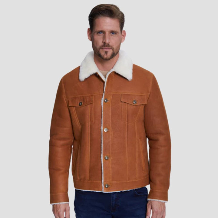 Stylish brown sheepskin leather trucker jacket with white faux fur for men.