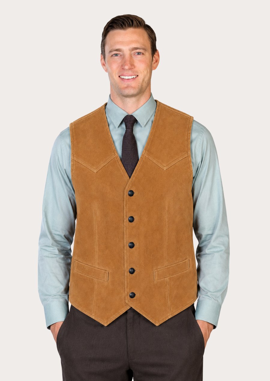 Classic men's ranch vest crafted from soft tan suede leather.