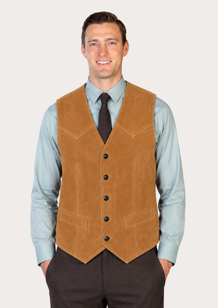 Classic men's ranch vest crafted from soft tan suede leather.