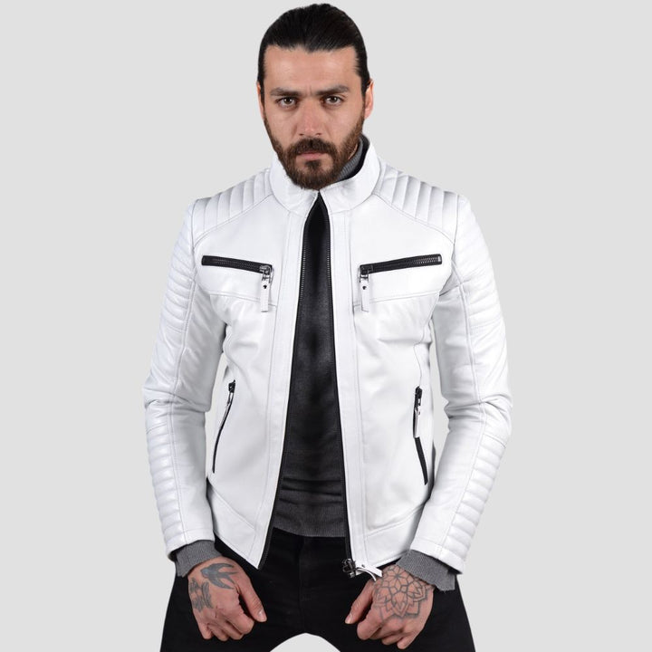 Men's white leather biker jacket with asymmetrical zippers and quilted shoulder panels