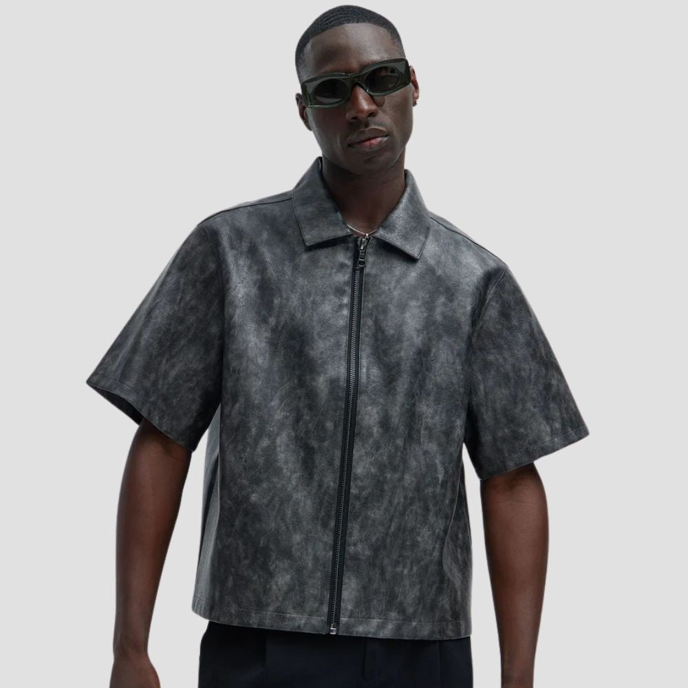 Stylish men’s gray leather shirt made from sheepskin with casual wear design.