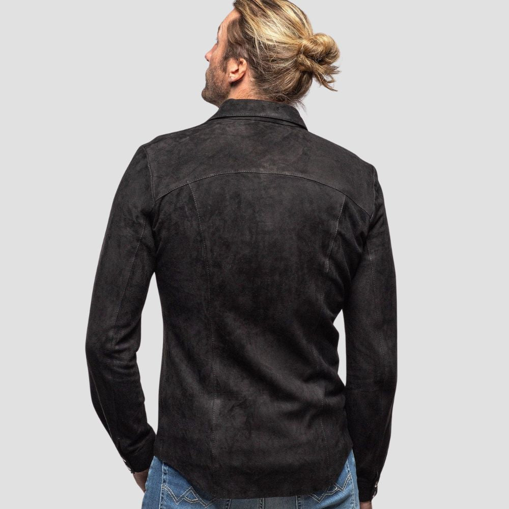 High-quality suede leather shirt in black for men’s versatile casual wear.