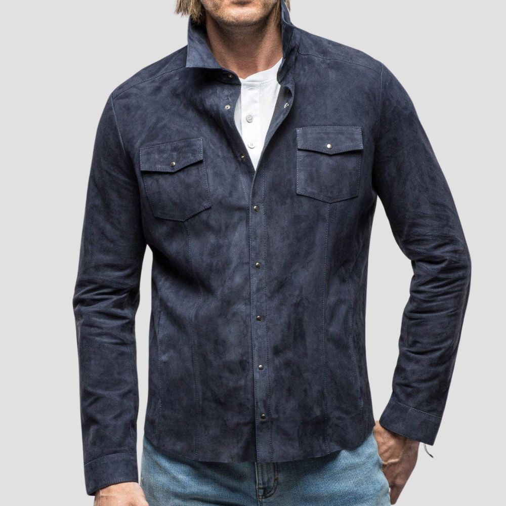 Stylish men’s blue suede leather shirt with a slim-fit design for casual wear.