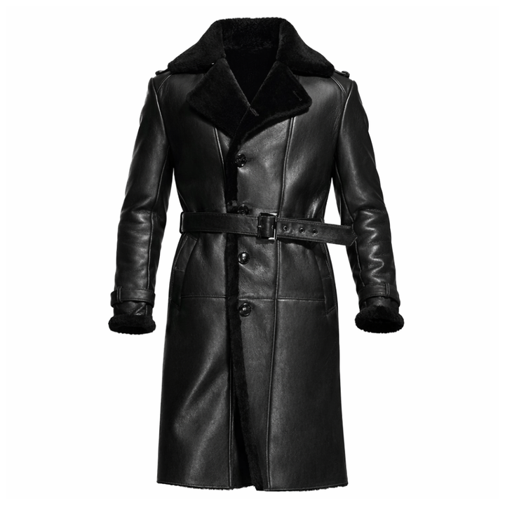 Comfortable men’s black sheepskin leather shearling coat