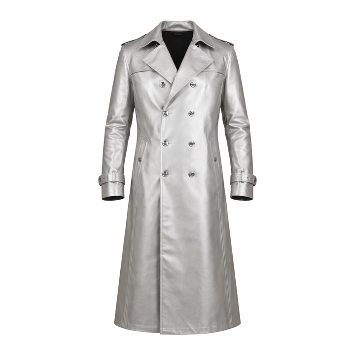 Comfortable men’s silver leather trench coat for long wear