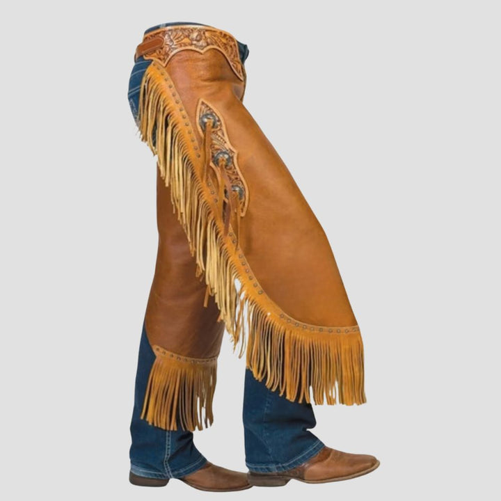 Experience ultimate comfort during long rides with these leather fringe chaps, crafted for western cowboys and riders.