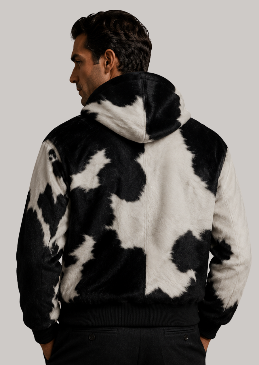 Fashionable western streetwear hoodie with bold cow print pattern for men