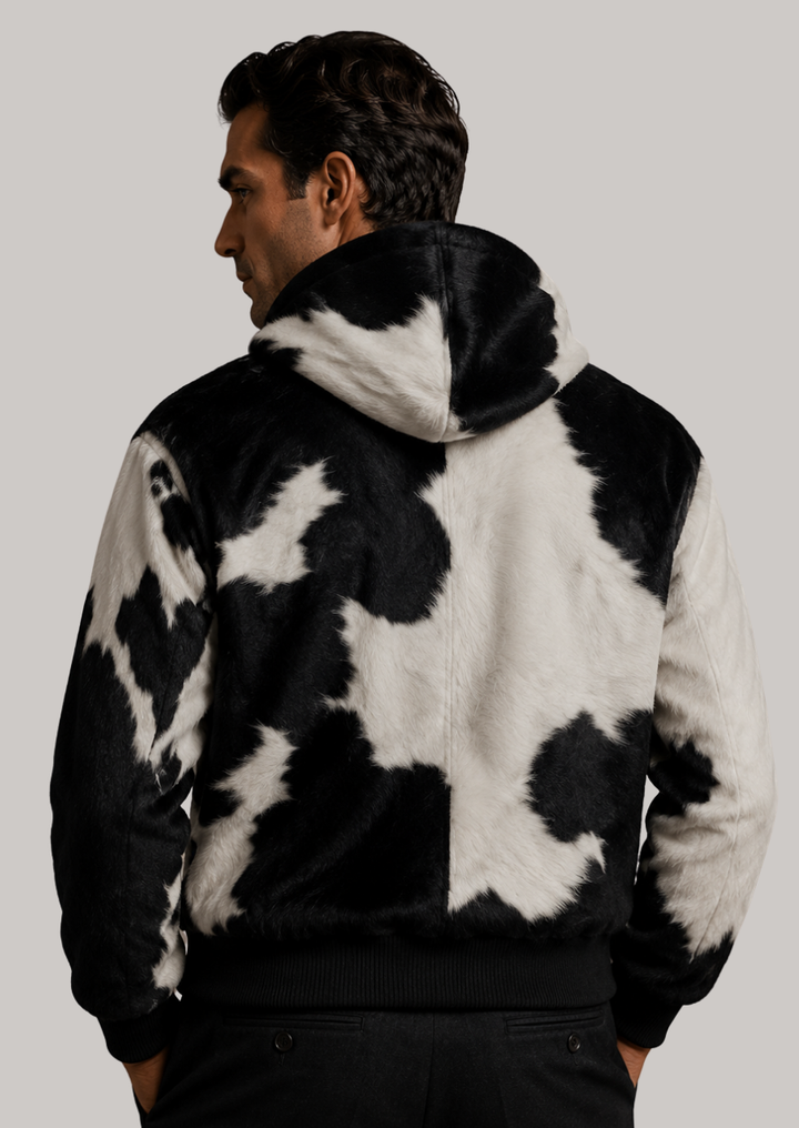 Fashionable western streetwear hoodie with bold cow print pattern for men
