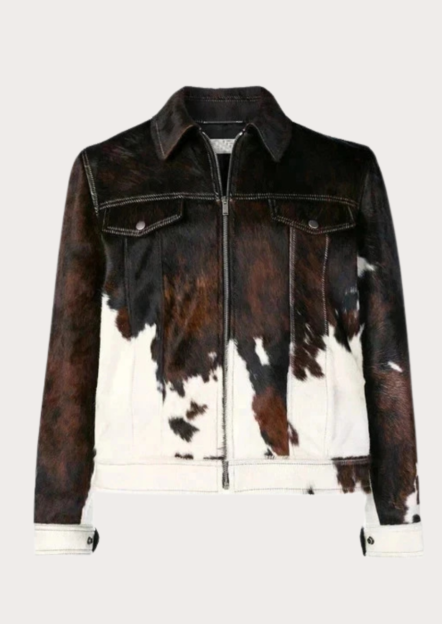 Men’s genuine cow skin hair-on leather trucker jacket with natural hide texture