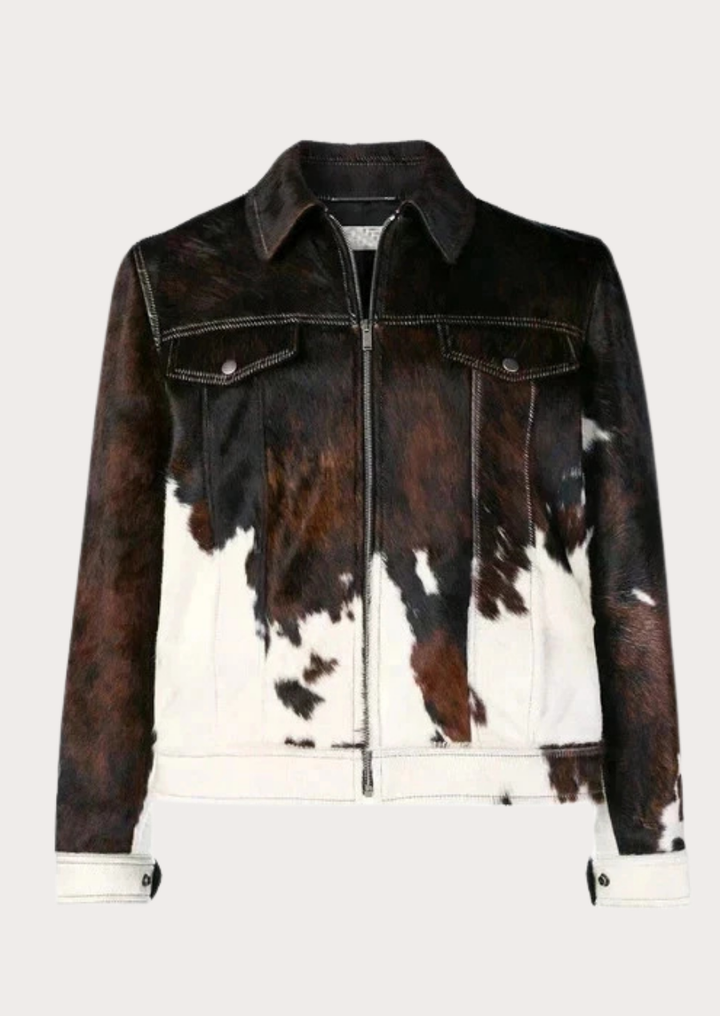 Men’s genuine cow skin hair-on leather trucker jacket with natural hide texture