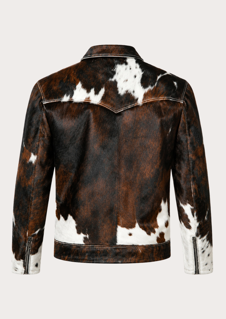 Hair on hide leather jacket featuring natural cow skin print design