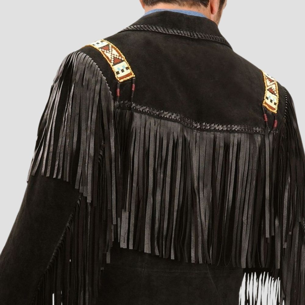 Men’s black fringe jacket with premium leather and soft lining.