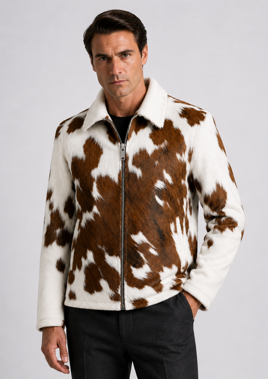 Premium cowhide fur jacket for men with natural brown and white hide pattern