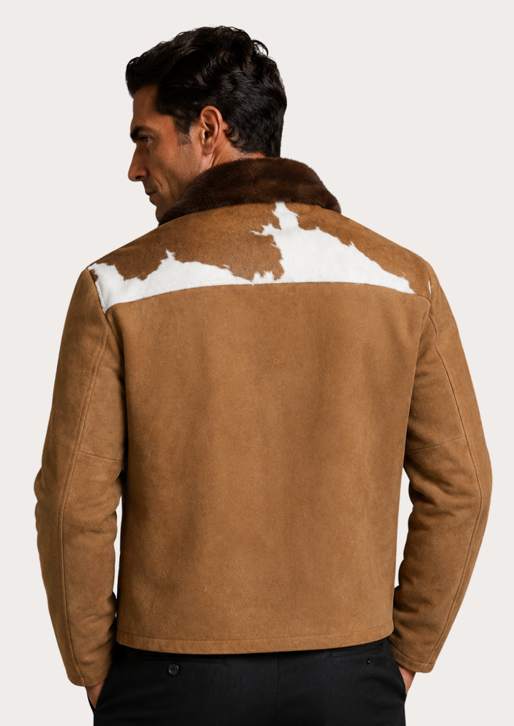 Western-style cowhide jacket featuring genuine hair on hide leather and fur collar