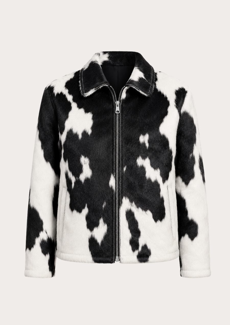 cowhide leather jacket with black and white fur hide pattern