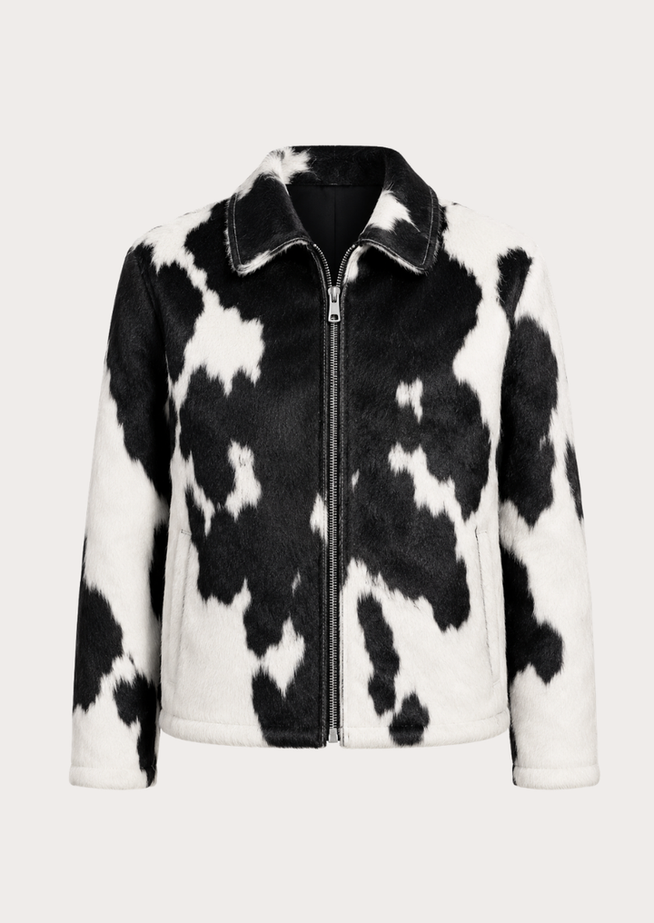 cowhide leather jacket with black and white fur hide pattern