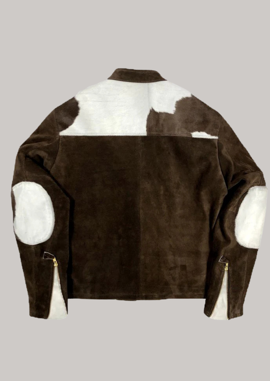 Genuine cowhide motorcycle jacket featuring natural hair on hide texture