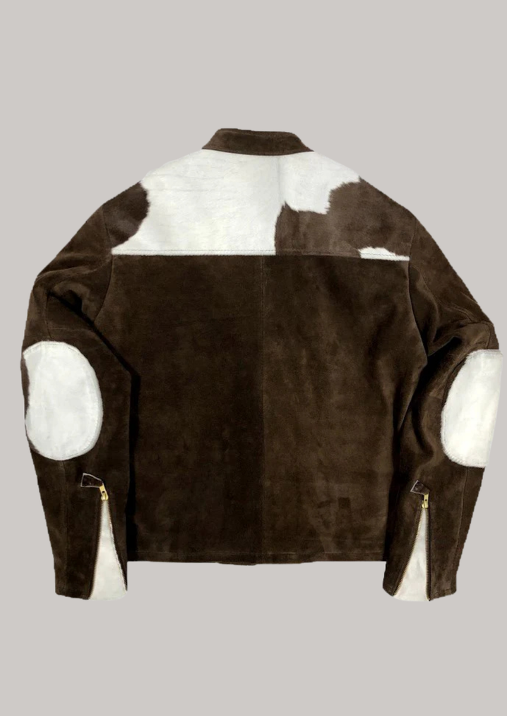Genuine cowhide motorcycle jacket featuring natural hair on hide texture