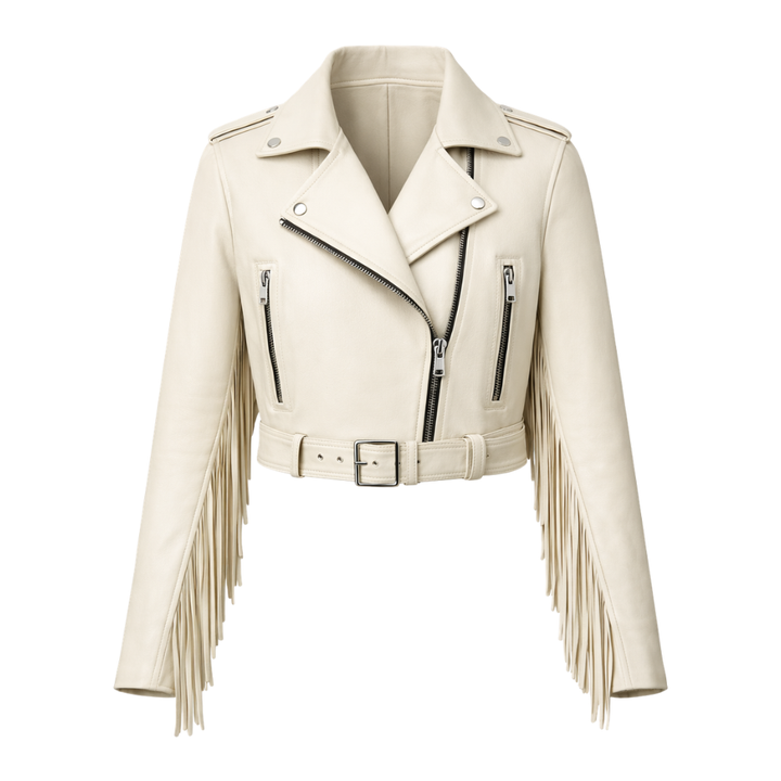 Cream leather fringe jacket with tassel 