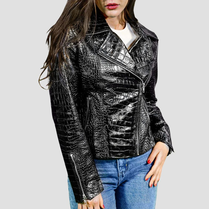 Experience the perfect blend of bold fashion and durability with this black crocodile biker leather jacket for women. A timeless piece for every biker chick.