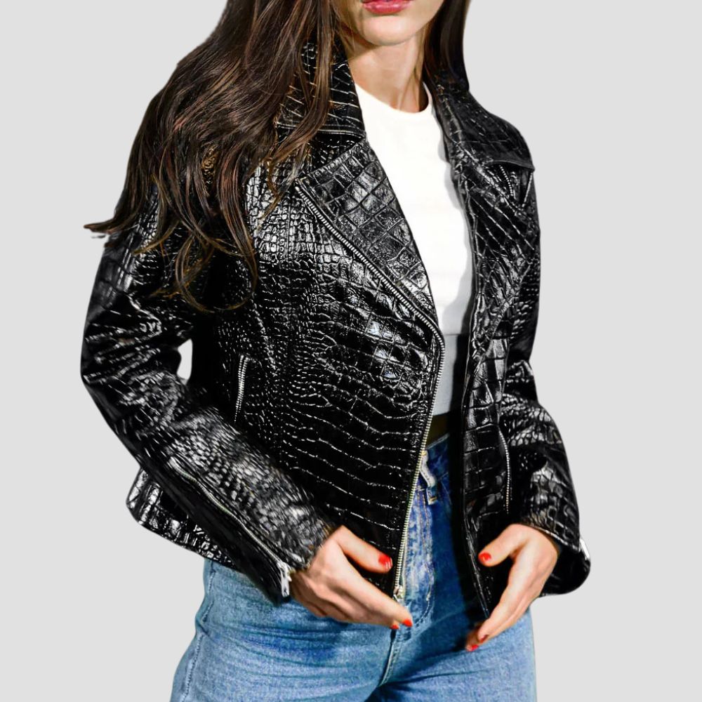 Add an edgy touch to your wardrobe with this black crocodile biker leather jacket for women. Premium quality, bold design, and perfect for every rider.