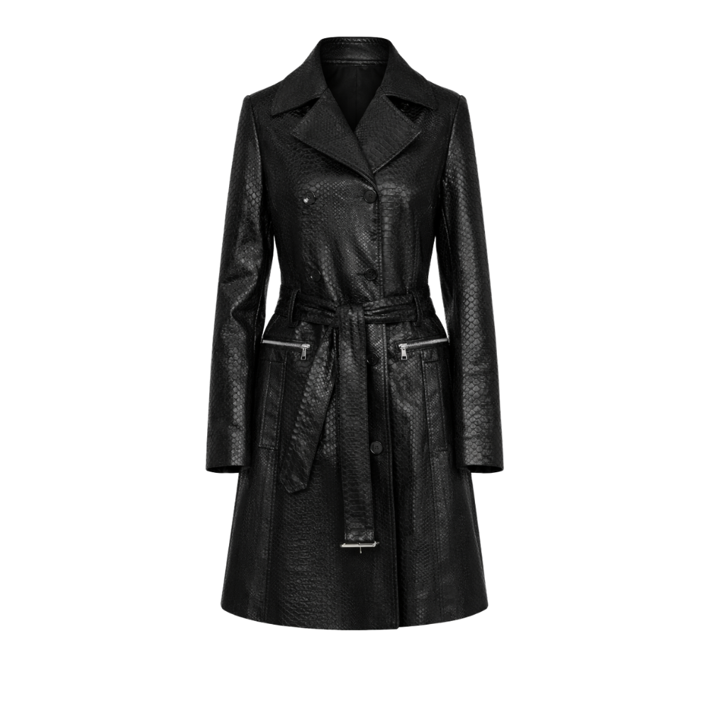 Crocodile leather trench coat for women with embossed texture