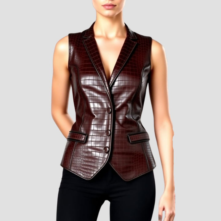 A modern and confident look with women’s crocodile leather vest, featuring a bold, textured design that enhances your stylish edge.