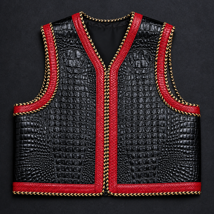 Black Crocodile Embossed Leather Vest with Red Trim
