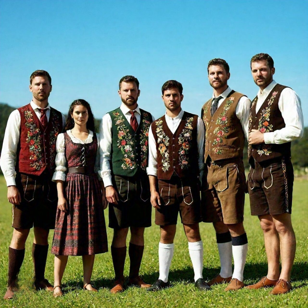 A group of men and women wearing traditional Bavarian Trachten coats, jackets, and lederhosen, standing outdoors against a clear blue sky.