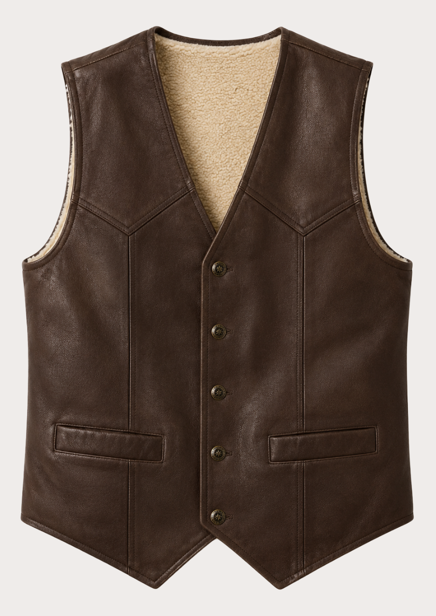 Men's sleeveless Western fur vest in dark brown ranch style.