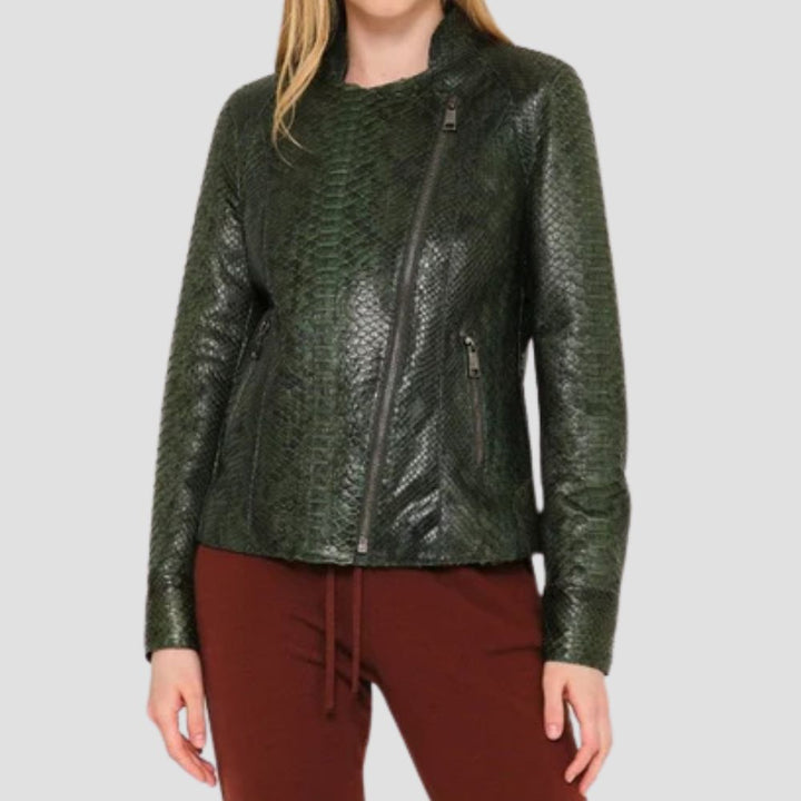 Step into timeless style with this women's snakeskin leather moto jacket. The vintage finish adds a unique, bold look to your wardrobe, perfect for any occasion.