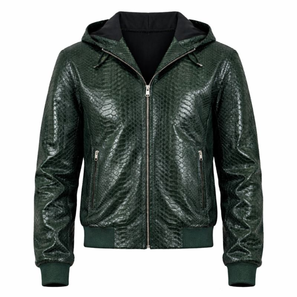 Stylish dark green python pattern leather jacket with matching leather cap
