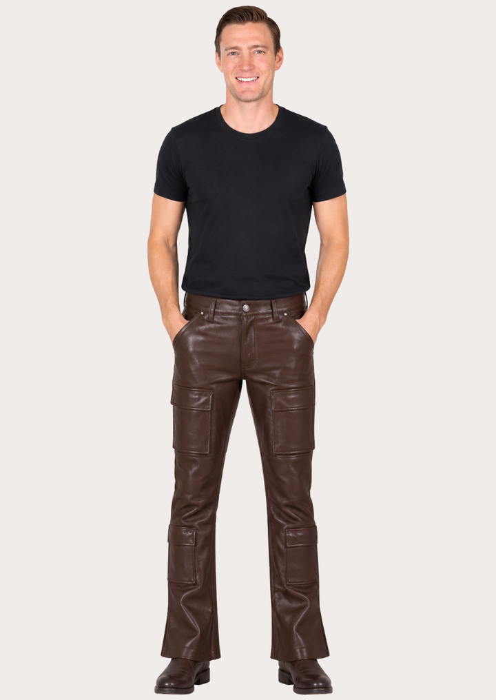 Designer sheepskin leather cargo pants in brown with a rugged utility-inspired design