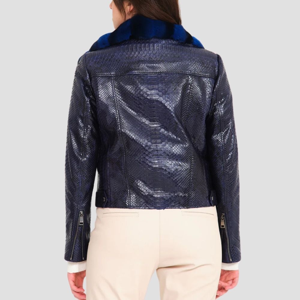 Elevate your winter wardrobe with this designer snake skin women’s fur-lined jacket. Its exotic snake skin pattern and cozy fur lining ensure both warmth and style.