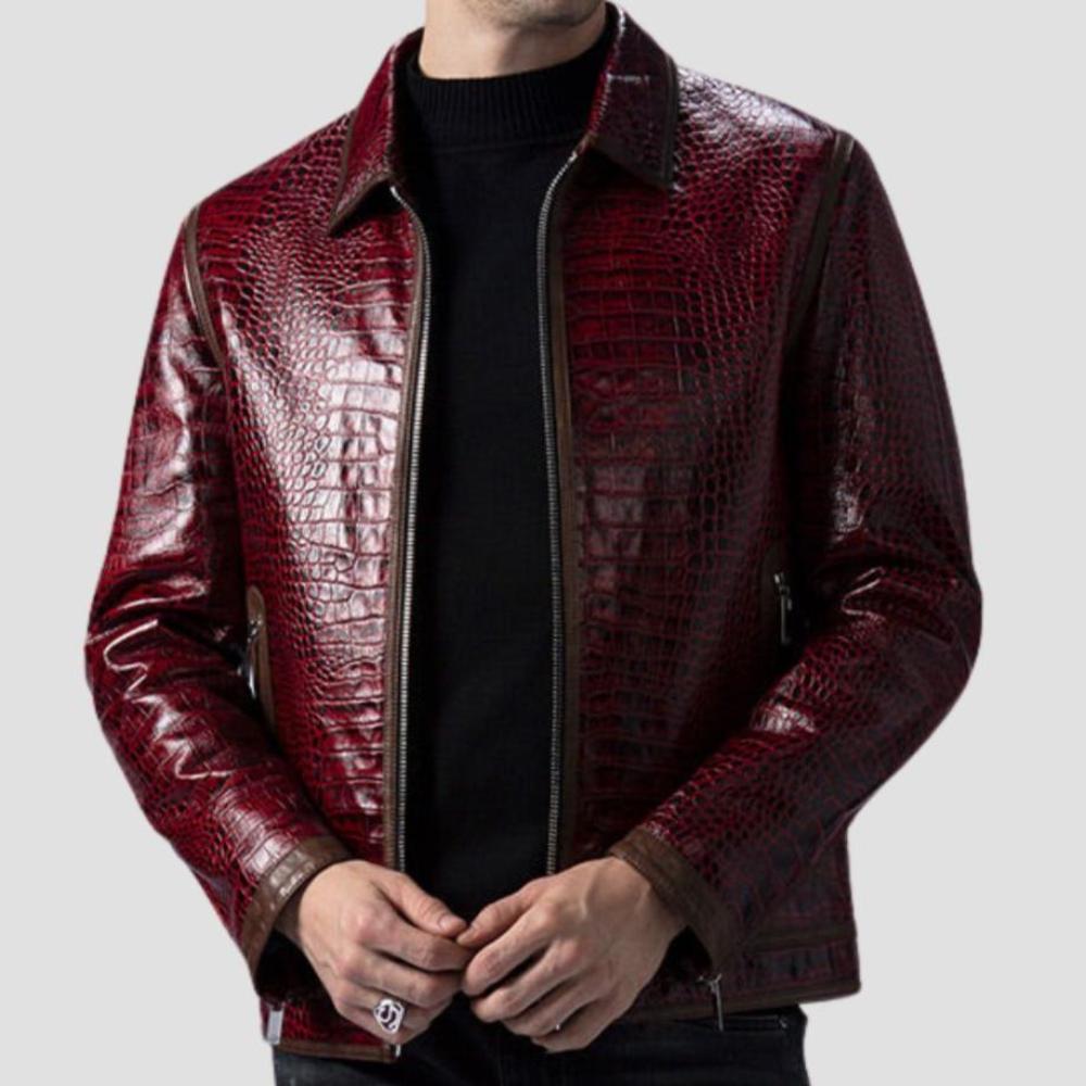 Trendy burgundy crocodile leather jacket for casual outings