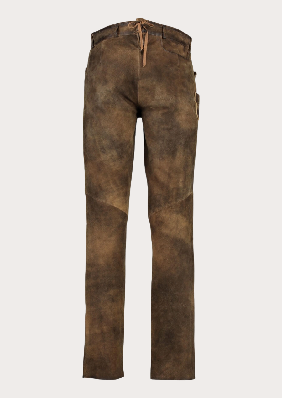 Classic Alpine-inspired suede trousers with rustic finish and heritage craftsmanship