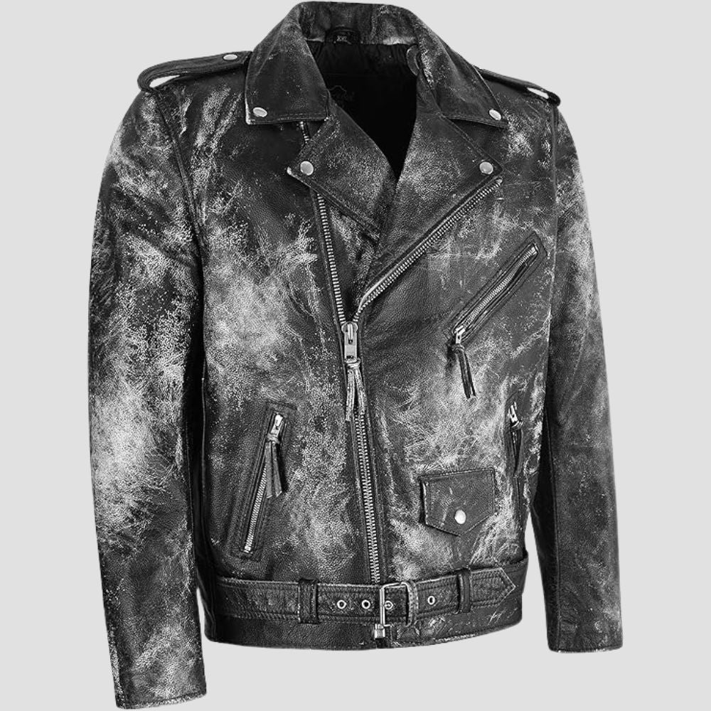 Sheepskin distressed leather motorcycle jacket with classic design.