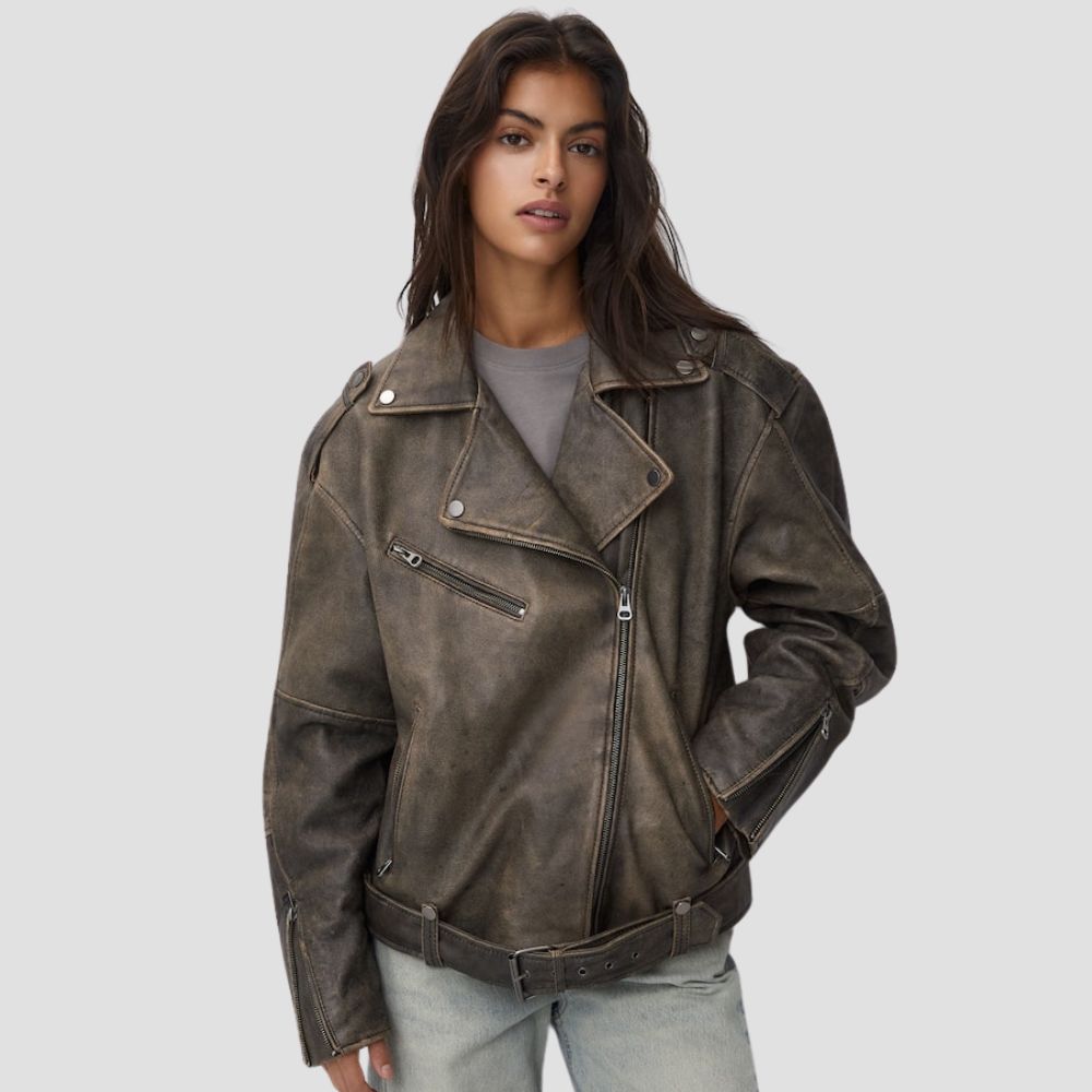 Shop this women’s moto vibe leather jacket, perfect for outdoor adventures. Durable and stylish, it’s designed for women who love to explore with bold fashion.