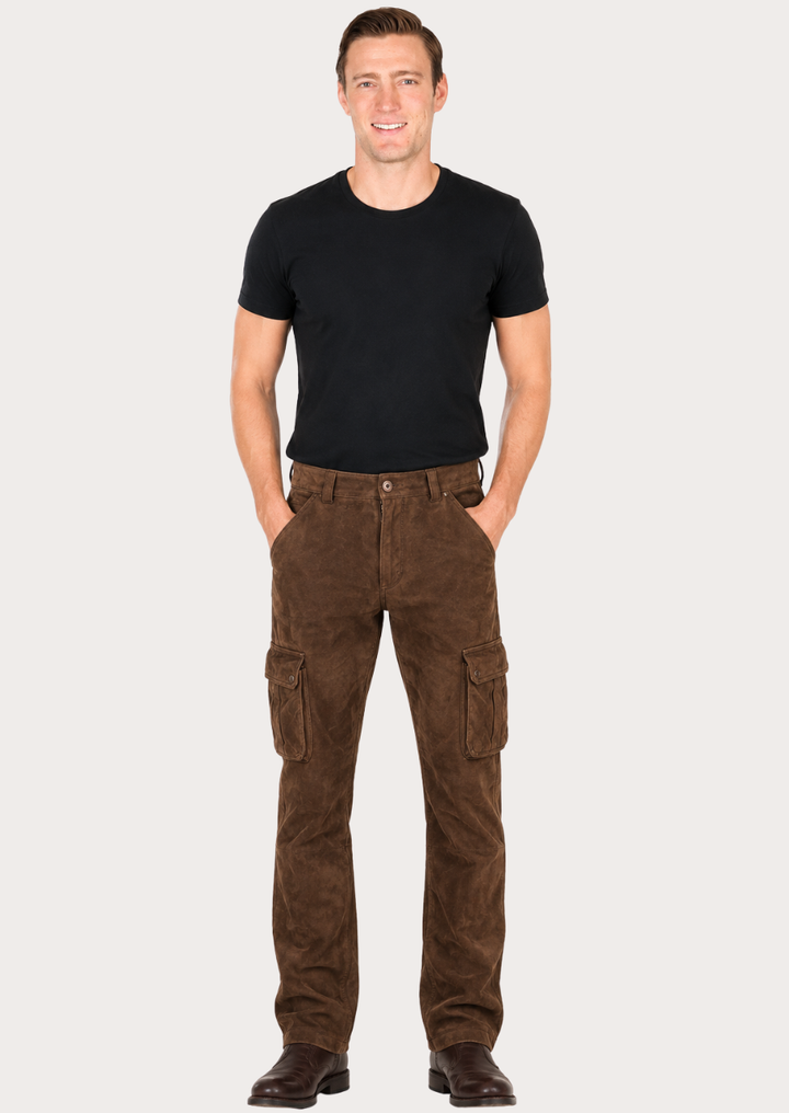 Distressed brown cowhide leather cargo pants in a rugged utility style for men