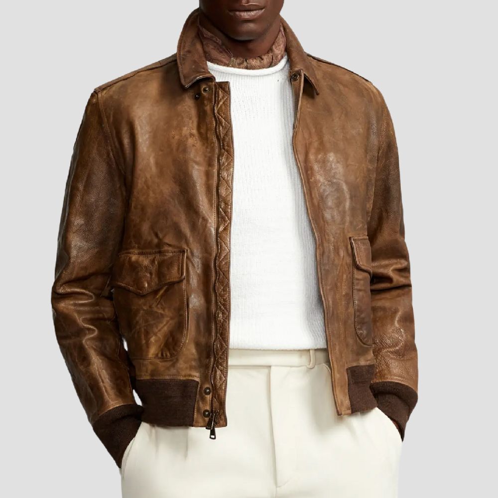 Revive the classic biker look with this vintage leather bomber jacket, designed for those who appreciate timeless style.