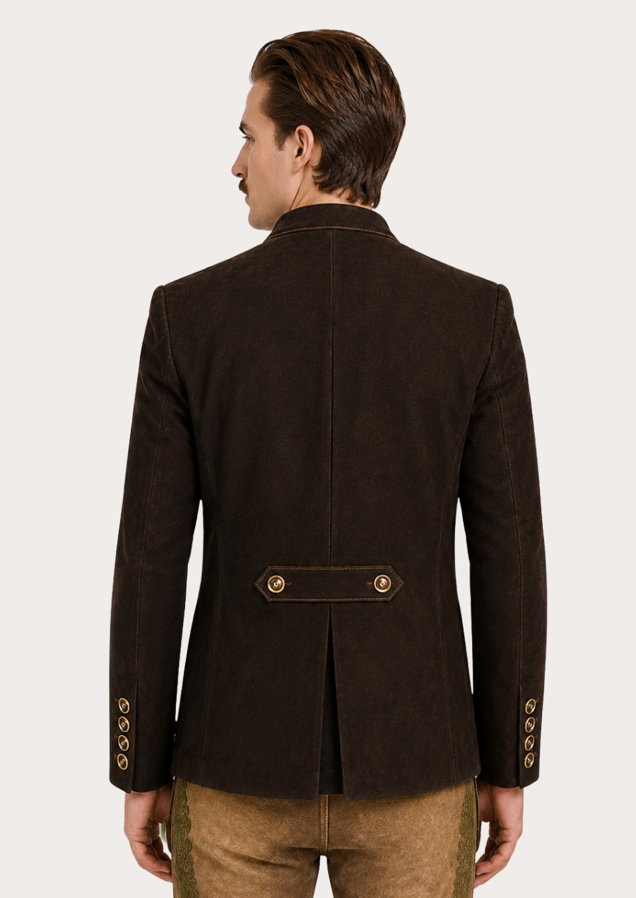 Men's brown leather Trachten jacket featuring a vintage distressed finish