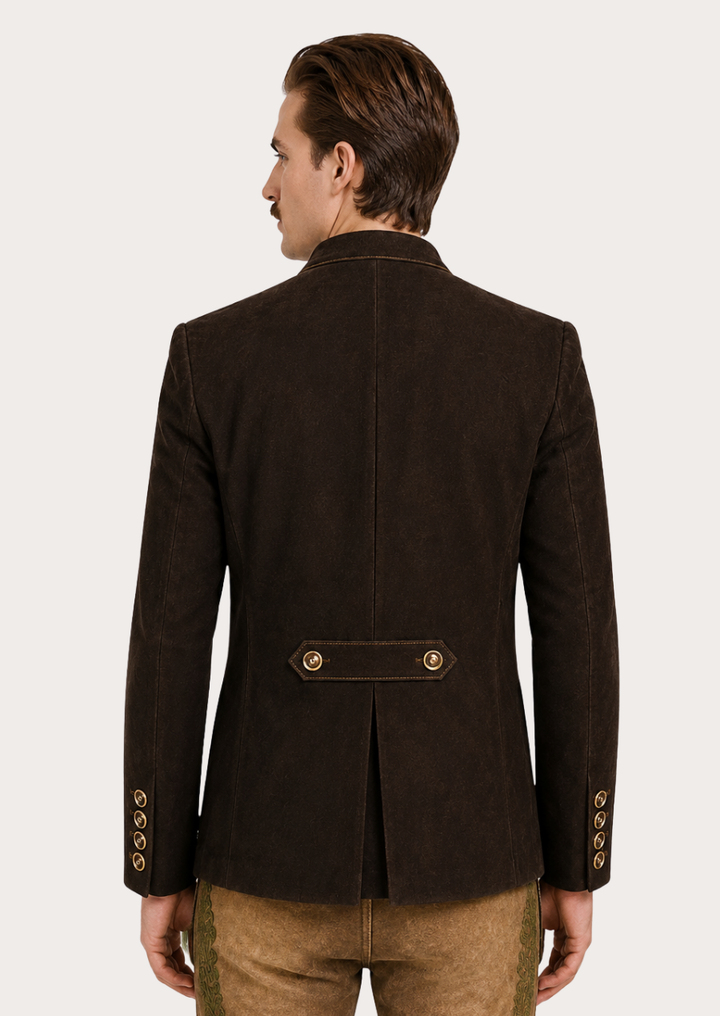 Men's brown leather Trachten jacket featuring a vintage distressed finish