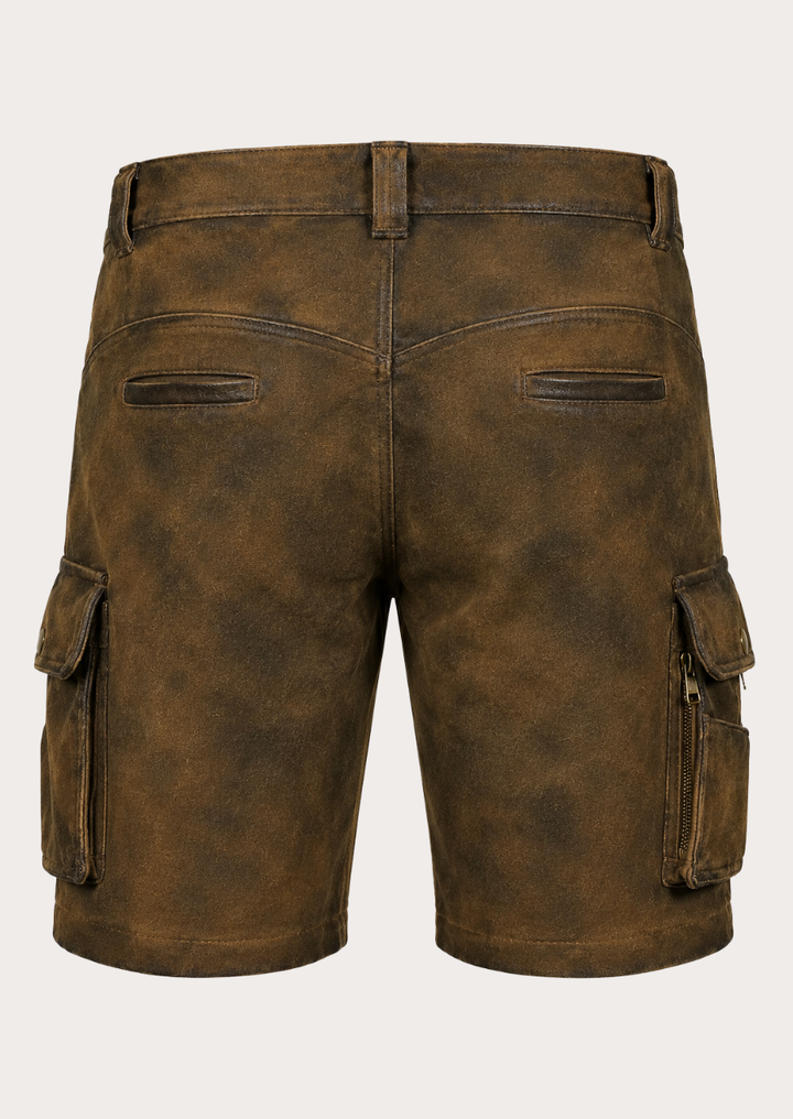 Distressed leather cargo Lederhosen shorts for men inspired by traditional Alpine fashion