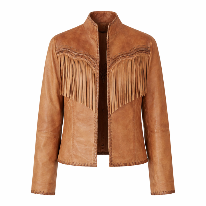 Distressed leather fringe jacket with vintage tassel details