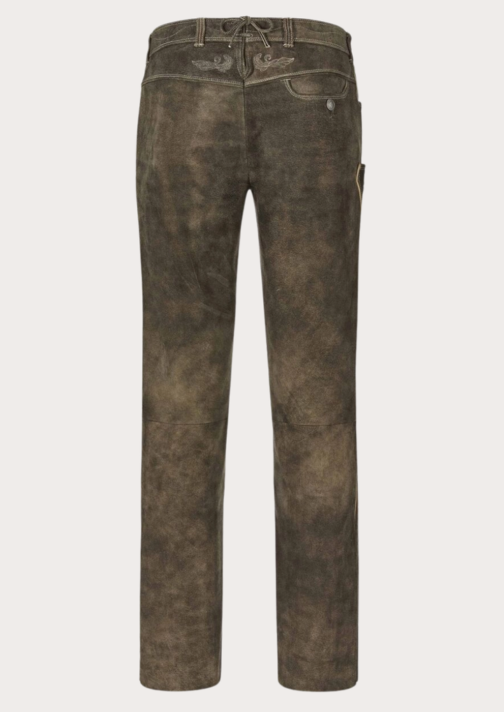 Vintage suede leather trousers for men in olive black with a rugged finish