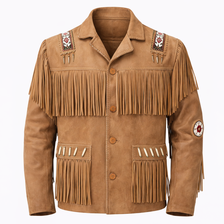 Distressed sheep leather fringe jacket with vintage tassel details